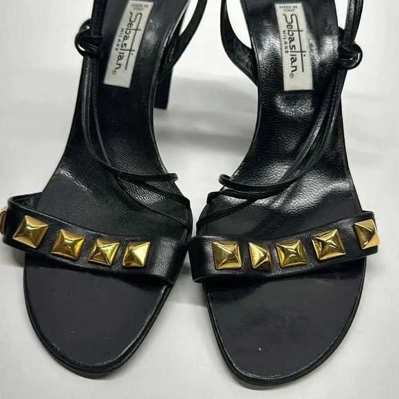 Sebastian Milano High Heels Open Toe Leather Ankle Strap Gold Studded Black 38.5 - Picture 3 of 12